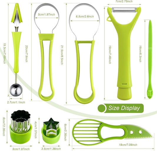 18pcs Melon Baller Scoop Set, 4 In 1 Stainless Steel Fruit Slicer Peeler Set, Avocado Slicer Orange Peeler Fruits Vegetables Carving Tools Set with Mini Fruit Cookie Cutters Set