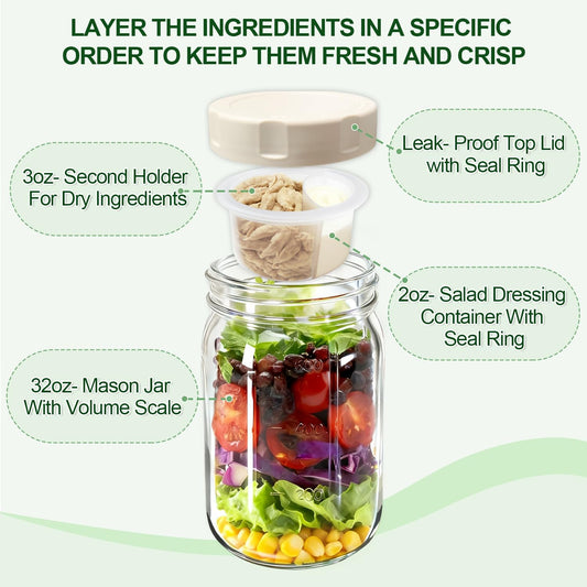 4 Pack Glass Salad Jars with Lids,32oz Mason Jars for Meal Prep,Leakproof Lunch Container with Two Small Built-in Boxes for Wet/Dry Separation of Salad Dressing and Dry Ingredients( Apricot White)