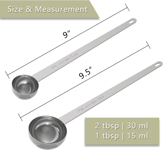 Extra Long Handle Coffee Scoop Set, 1tbsp & 2tbsp Measuring Spoon | 15ml + 30ml, Food-Grade Stainless Steel, Accurate Measurement, Dishwasher-Safe, Engraved Marking, Coffee Ritual Essential
