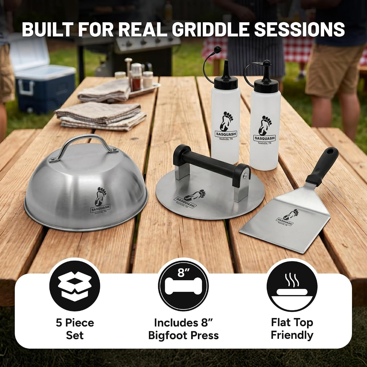 Sasquash Smash Burger Press, Bigfoot, 3 Plus Pound Stainless Steel, 8 inch | Heavy Duty Round Tool, Great For Sandwiches And Steak Prep, Griddle And Flat Top Cooking Kitchen Essential, Cookout Ready