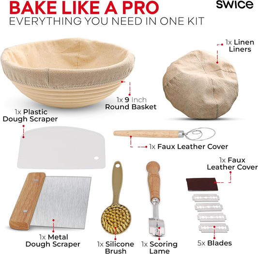 Bread Proofing Basket, Round 9-Inch Banneton Sourdough Starter Kit with Lame, Dough Scraper, Linen Liner, and Basting Brush, Complete Bread Making Supplies and Tools