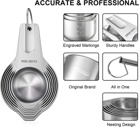 Measuring Cups & Spoons Set of 21 - Includes 7 Stainless Steel Nesting Cups, 8 Measuring Spoons, 1 Leveler & 5 Mini Measuring Spoons, Ideal for Dry and Liquid Ingredients