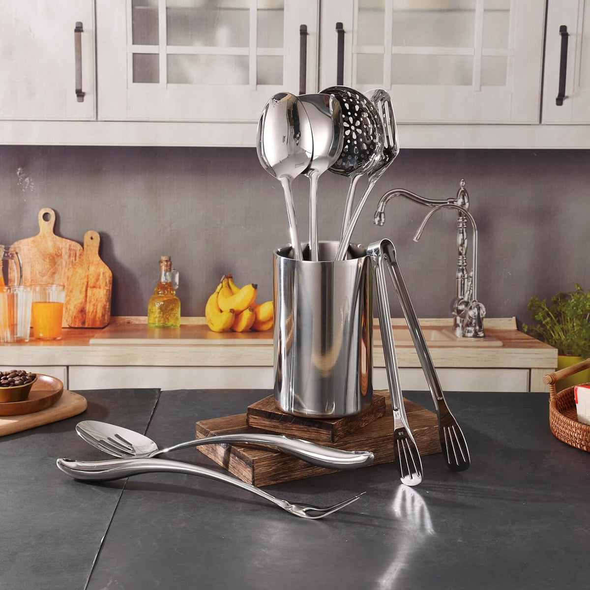 Double Wall Utensil Holder, 304 Stainless Steel Sleek Holder for Countertop | Kitchen Utensil Holder - Spatula Spoon Storage Organizer, Large Utensil Caddy Counter, Shining Utensil Crock, Mirror Polish
