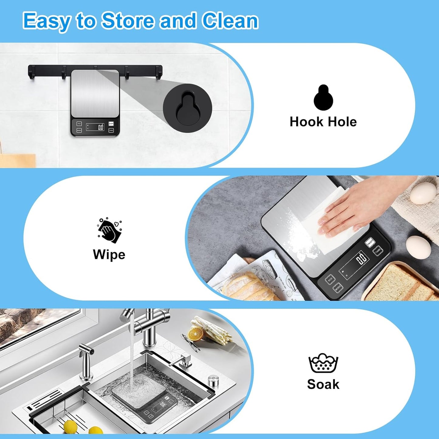 22lb Waterproof IPX67 Kitchen Scale with 0.1g/0.001oz High Precision, Large Stainless Steel Food Scale, 10 Unit, Washable, Hangable, USB Rechargeable, LCD Display, for Cooking, Baking