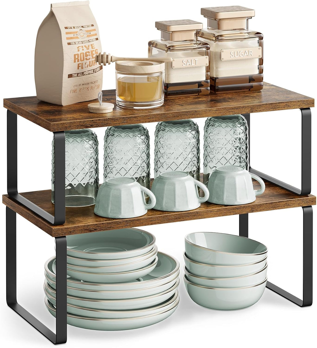 Cabinet Organizer Shelf, Set of 4 Kitchen Counter Shelves, Kitchen Storage, Spice Rack, Stackable, Expandable, Metal and Engineered Wood, Cloud White and Natural Beige UKCS010N01