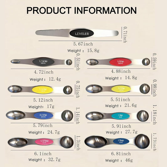 Stainless Steel Magnetic Measuring Spoons Set of 9 with Leveler,Dual Sided, Stackable, Adjustable Teaspoon and Tablespoon, Measuring Liquids and Dry Ingredients, Baking& Cooking Gadgest,Multicolor