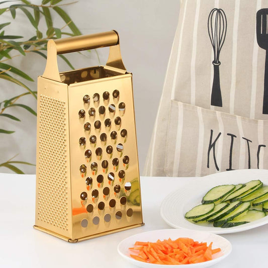 4 Sides Box Grater For Kitchen,Stainless Steel Cheese Grater With Handle,Multi-Function Vegetable Slicer Food Shredder For Chees,Ginger,Vegetables,Dishwasher Safe, Gold