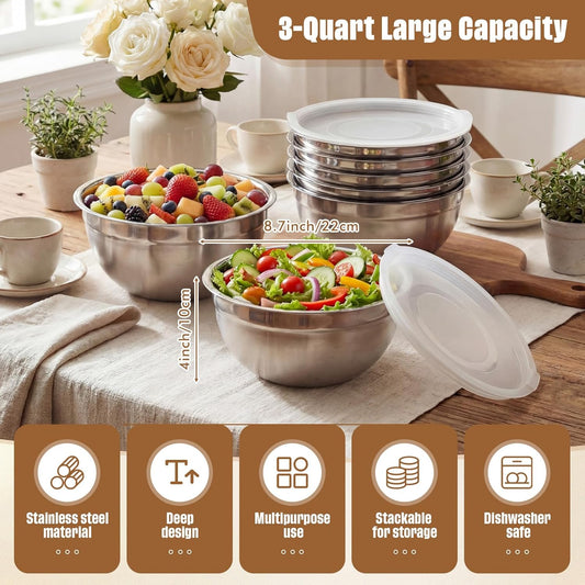 6 Pack Stainless Steel Mixing Bowls with Airtight Lids 3qt Metal Mixing Bowl Thicker Stainless Steel Salad Bowls for Food Prep, Baking, Storage, Cooking, Serving Dishwasher Safe (White Lid)