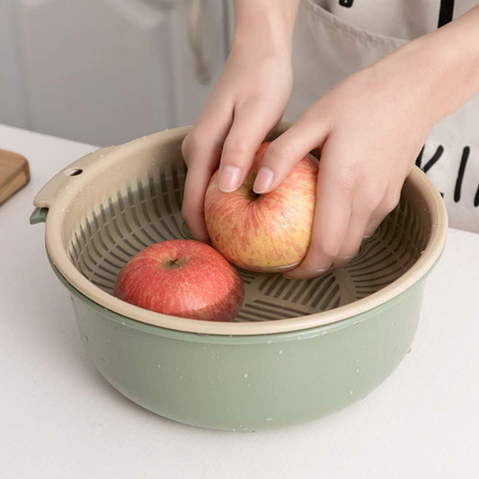 Double Layer Draining Basket 6.29 X 6.29 X 2.75 in Plastic Vegetable Washing Basket 360 Rotatable Fruit Strainer and Storage Colander for Rice Produce Kitchen Use