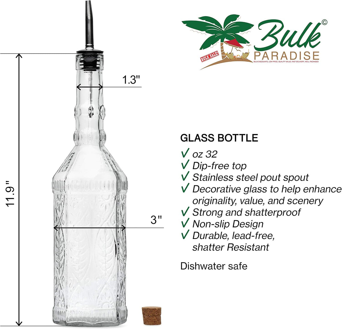 Large Clear Decorative Glass Bottle with Spout and Cork, 32oz, 1 Bottle - Design: Kristal (3in X 11.9in)