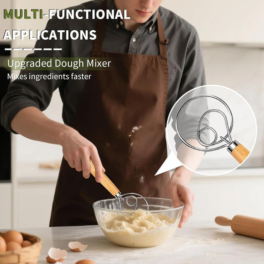 Hand Whisk Stainless Steel Dough Hook Dutch Whisk for Sourdough Bread Dough Mixer Hand Wooden Handle Kitchen Whisking Mixing Tool Bread Making Tools (1 eye)