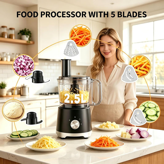 Food Processor 10.5 Cup, Multi-Functional Vegetable Choppers Food Grinder with Slicing Shredding Chopping Kneading, Suitable for Smoothie Fruit Dough, 2.6QT, Black