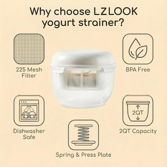 Greek Yogurt Strainer | 2 QT Ultra-Fine Mesh Filter with Spring Press | Yogurt, Kefir, Nut Milk & Soy Milk Strainer | BPA-Free Large Yogurt Container for Home Kitchen | MultiFunctional Yogurt Filter