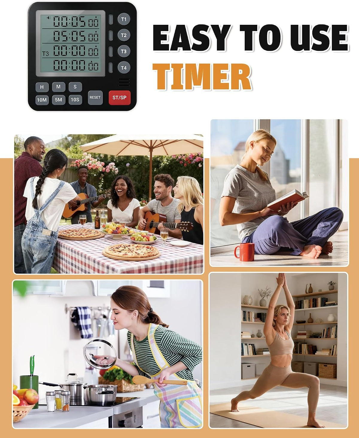 Digital Kitchen Timer - 4-Channel Cooking Timer with Alarm, Magnetic Back, Loud & Silent Modes, Count Up/Down, Ideal for ovens, Seniors, Kids and classrooms, Replaceable AAA Battery