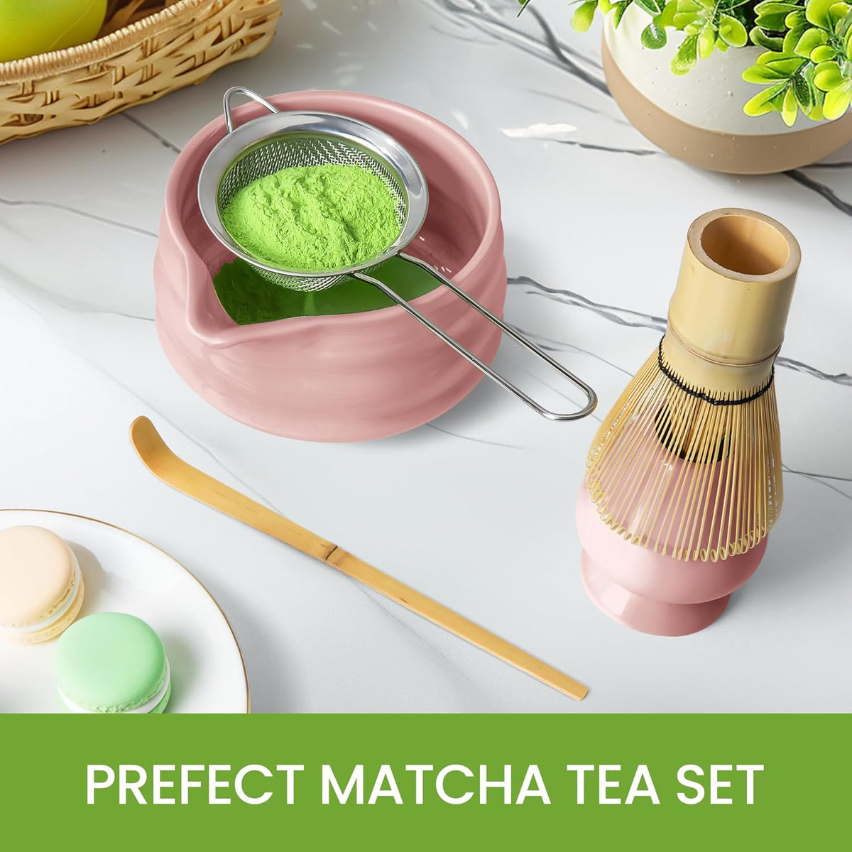 Matcha Whisk Set and Bowl, Matcha Making Kit Whisk, Bowl With Spout, Sifter, Ceramic Whisk Holder, Spoon Japanese Tea Powder Starter Tools For Ceremony Gift (Black, 9 Pack)