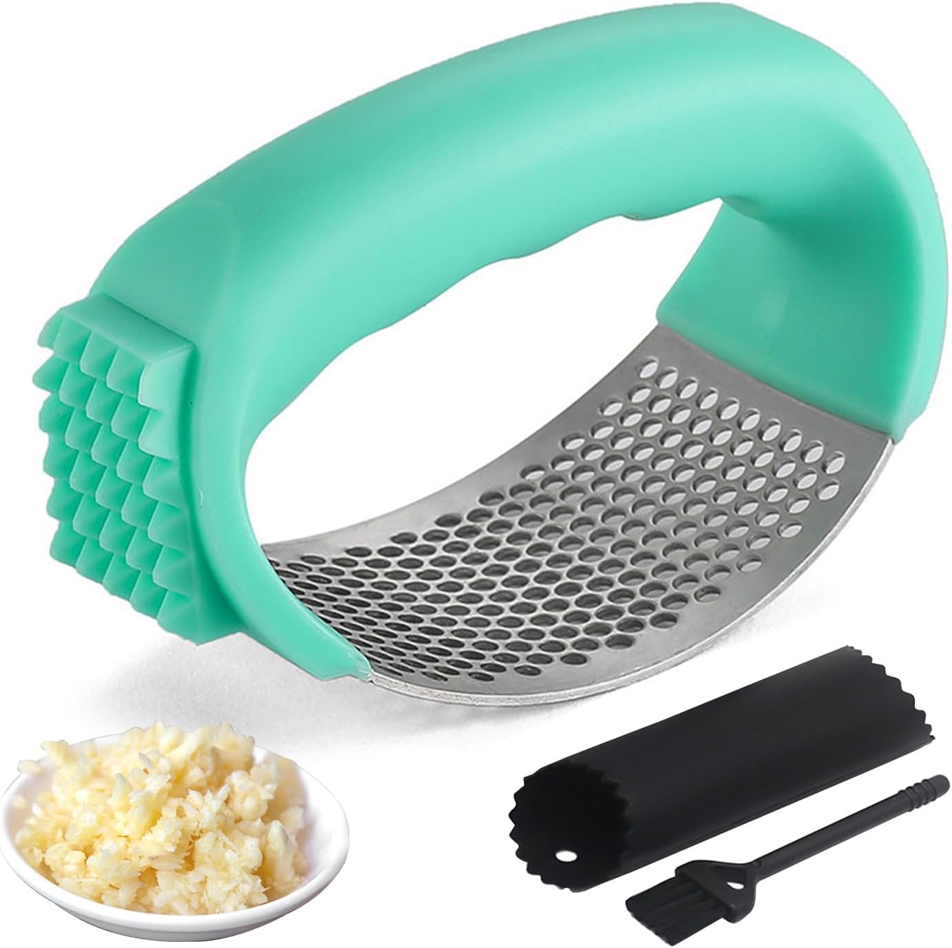 Upgraded Stainless Steel Garlic Press, Rocker Mincer Crusher Masher with Peeler and Cleaning Brush, Chopper for Kitchen Gadgets (C-BLACK)