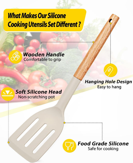 Silicone Cooking Utensils Set, 4 Pcs Spatula and Spoon Set, Khaki