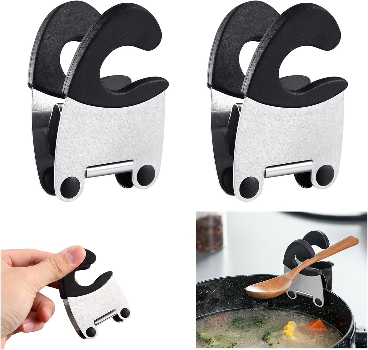 2pcs Pot Clip Holder Utensil Pot Clip Spoon Rest Stainless Steel Kitchen Gadget for Restaurant Home Utensil Rest (Black)
