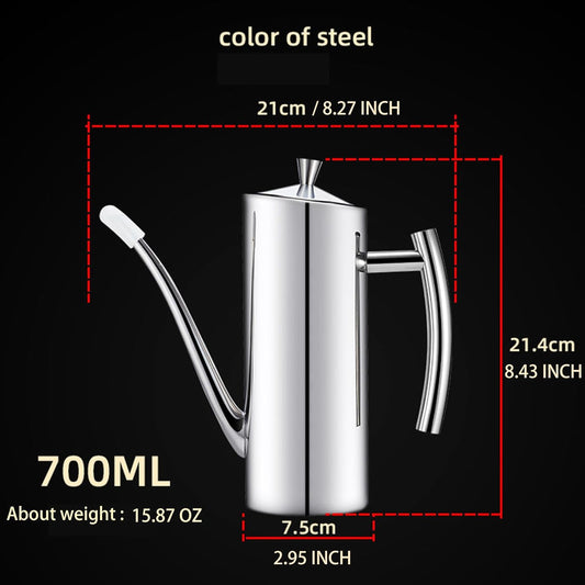 SUS304 24oz/700mL Stainless Steel Olive Oil Dispenser, Silver | Leakproof Oil Bottle, One-Piece Body, w/Long Spout Vertical Handle Kitchen Cruet for Precision Pouring