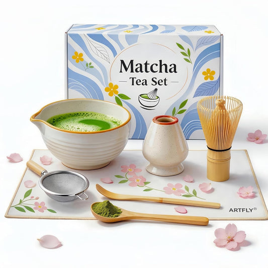 Matcha Set 7 Pcs, Japanese Matcha Kit for Beginners with Ceramic Bowl, Bamboo Whisk, Whisk Holder, Sifter, Chashaku Scoop and Tea Towel, Matcha Tea Set for Home, Latte and Gifts