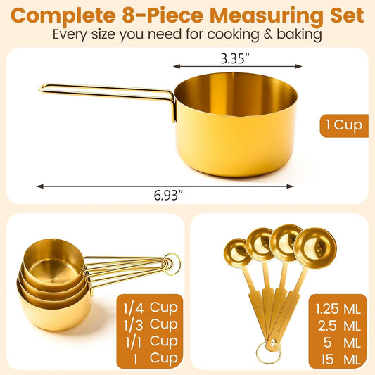 Gold 304 Stainless Steel Measuring Cup and Spoon Set, Stackable, 8-Piece, Long Handle for Narrow Bottles, Premium Gold Kitchen Utensils for Cooking and Mothers Day Gift