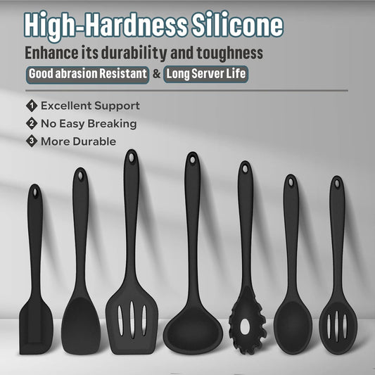 Silicone Cooking Utensils Set, 7-Piece Black Heat Resistant Kitchen Utensils Set, Kitchen Nonstick Tools Spatula Ladle Spoon Pasta Server for Non-stick Cookware, Non-Toxic & Dishwasher safe