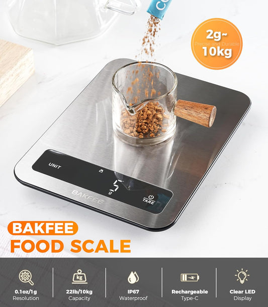100% Waterproof Food Scale, IP67 Digital Kitchen Scale, Rechargeable (USB-C), 0.1oz/1g Precision, 22lb Capacity, Stainless Steel & Tempered Glass, for Cooking, Making Sourdough Bread, Grey