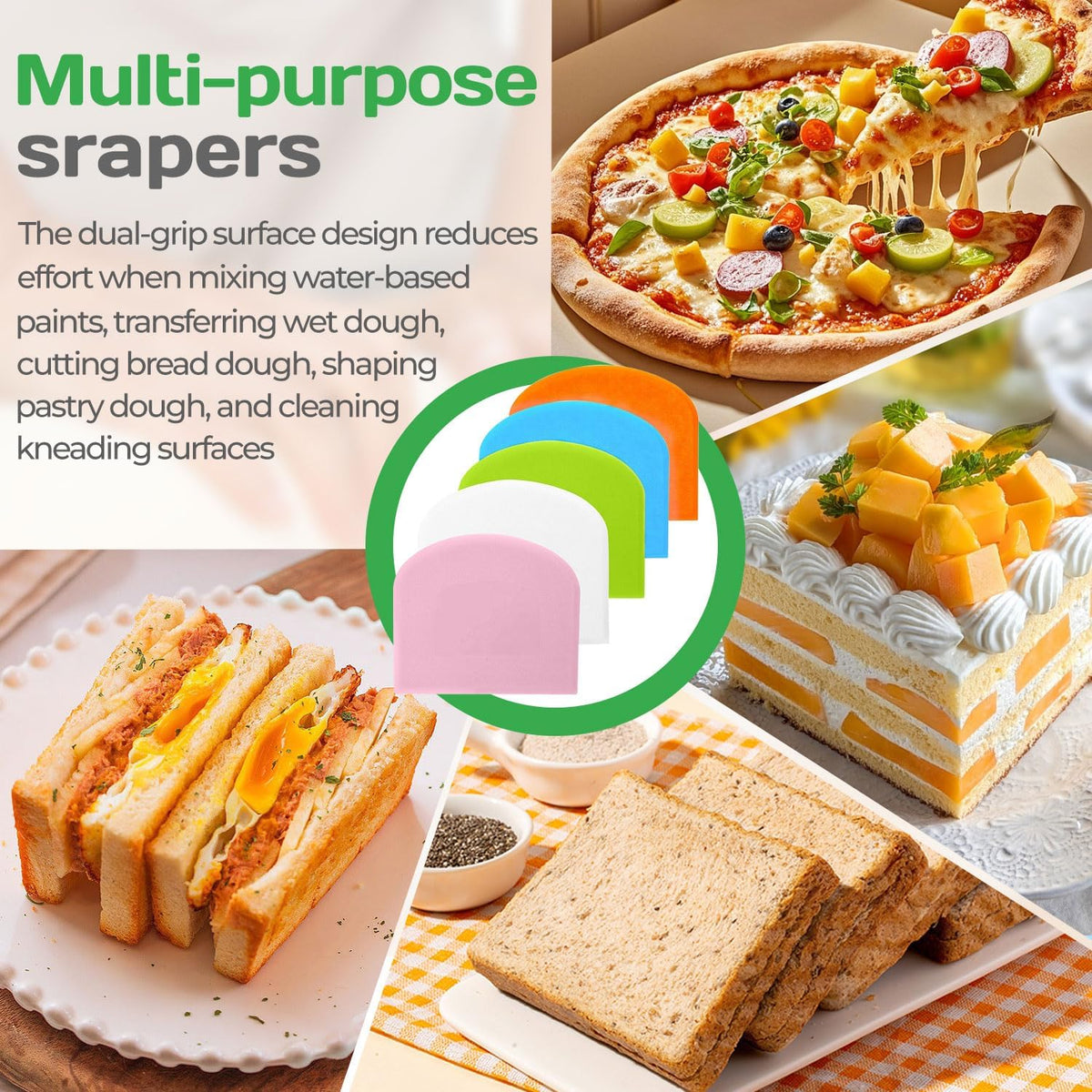 Dough Scraper Bench Scraper 4.65x3.66" Plastic Flexible Bowl Scraper Sharp-Edged Multi-Angle Cake Scraper Non-Slip Baking Tool Decorating Tool Shaping Tool (Five colors)