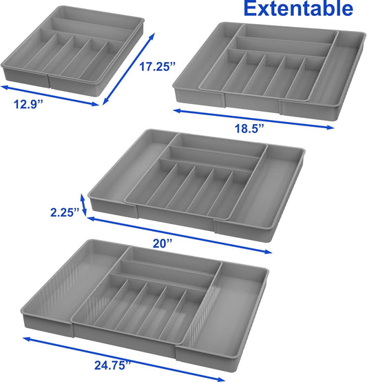 Expandable Kitchen Drawer Flatware Organizer, Gray | Expandable Kitchen Drawer Flatware Organizer, Gray – Adjustable Cutlery Tray with 9 Compartments for Utensils and Silverware