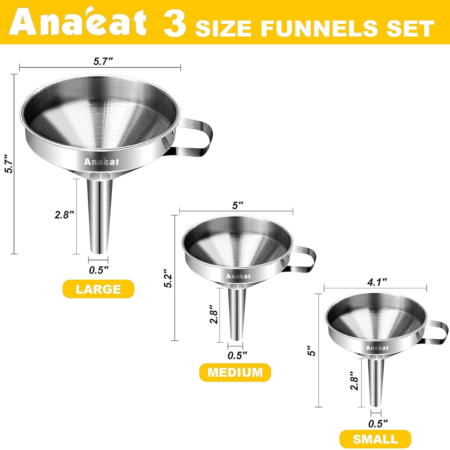 Stainless Steel Mini Kitchen Funnel Set, 3 Pack Durable Metal Filling Funnels for Transferring Liquid, Dry ingredients, Cosmetic Lotion, Fluid, Spices, Powder - Food-Grade & High Heat Resistant