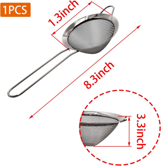 Black Fine Mesh Strainer - 304 Stainless Steel Handheld Sieve, Small Kitchen Filter for Baking, Tea & Cocktail Making(8.3inch)