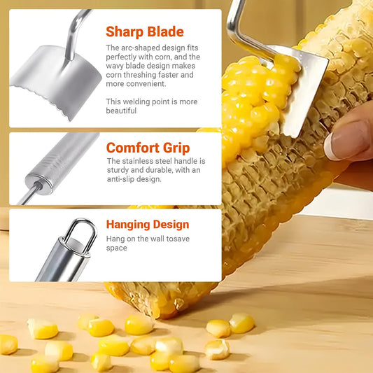 3 Pack Corn Peeler for Corn on the Cob, Stripper, Remover and Holders | Serrated stainless steel blade, long handle; corn holders steady cobs to protect hands for BBQ, salads and meal prep