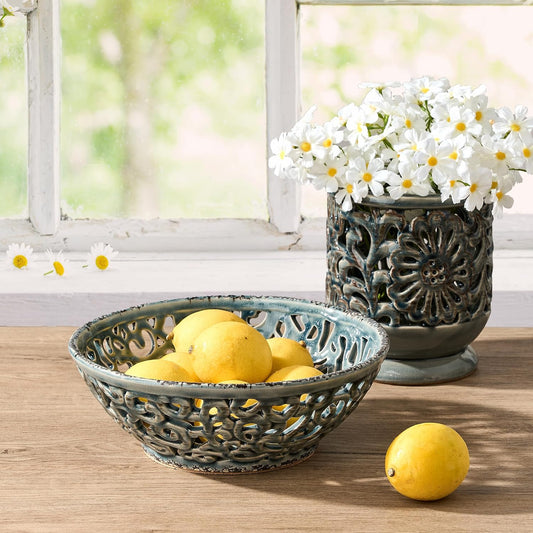 Ceramic Fruit Bowl for Kitchen Counter,Decorative Fruit Basket with Holes, 10.43" Large Hollow Out Fruit Vegetable Holder Bowl for Table Decor, Gray