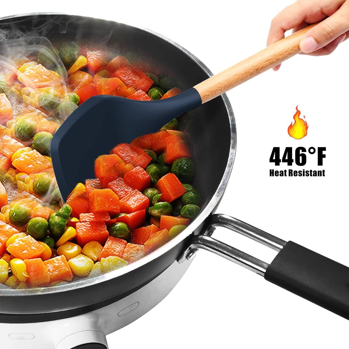 Silicone Cooking Utensils Set - 446°F Heat Resistant Silicone Kitchen Utensils for Cooking,Kitchen Utensil Spatula Set w Wooden Handles, BPA FREE Gadgets for Non-Stick Cookware (Khaki)