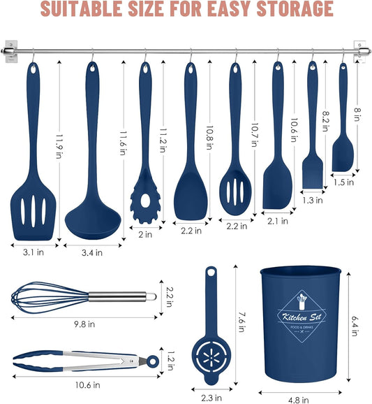 Blue Kitchen Utensils Set-12 Pieces Silicone Cooking Utensils Set | Dishwasher Safe 392°F Heat Resistant Spatula Set Kitchen Utensil Set for Nonstick Cookware,Best Kitchen Tools with Holder