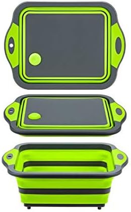 Collapsible Cutting Board with Colander, Foldable Multi-function Kitchen Plastic Silicone Dish Tub, Fruits Vegetables Wash and Drain Sink Storage Basket (Green)