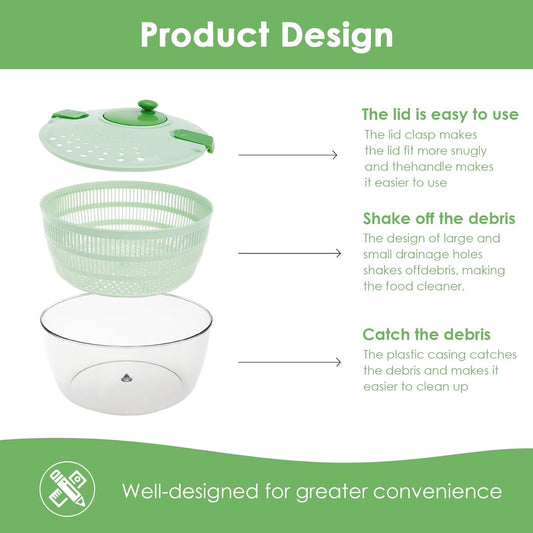 PP Salad Spinner, Multi-Use Basket, 4.22 QT Large Capacity Salad Washer Labor Saving Lettuce Spinner Multiple Water Outlet Lettuce Drainer for Household(Green)