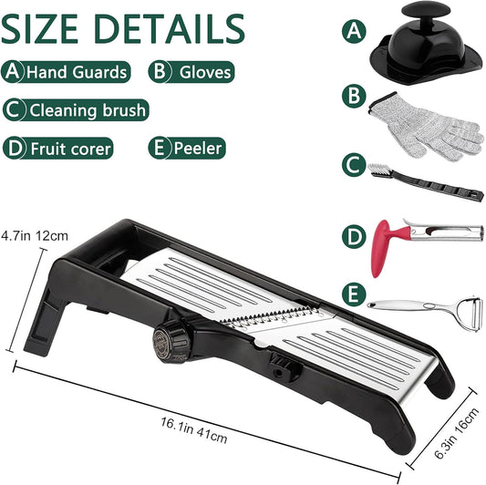 Mandoline Food Slicer for Kitchen, Adjustable Stainless Steel Mandoline Vegetable Slicer, Onion/Potato Slicer/French Fry Cutter, 6-Piece Fruit & Vegetable Cutting Set (Black/Silver)