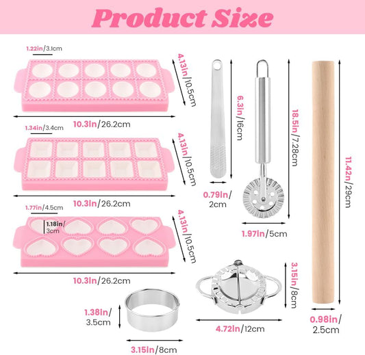 8PCS Ravioli Maker Press Set,Ravioli Stamp Maker Cutter with Wood Rolling Pin,Empanada Maker-Press,Ravioli Wheel and Stuffing Spoon,for Homemade Pasta,Dumpling,Pastry Kit(Pink)
