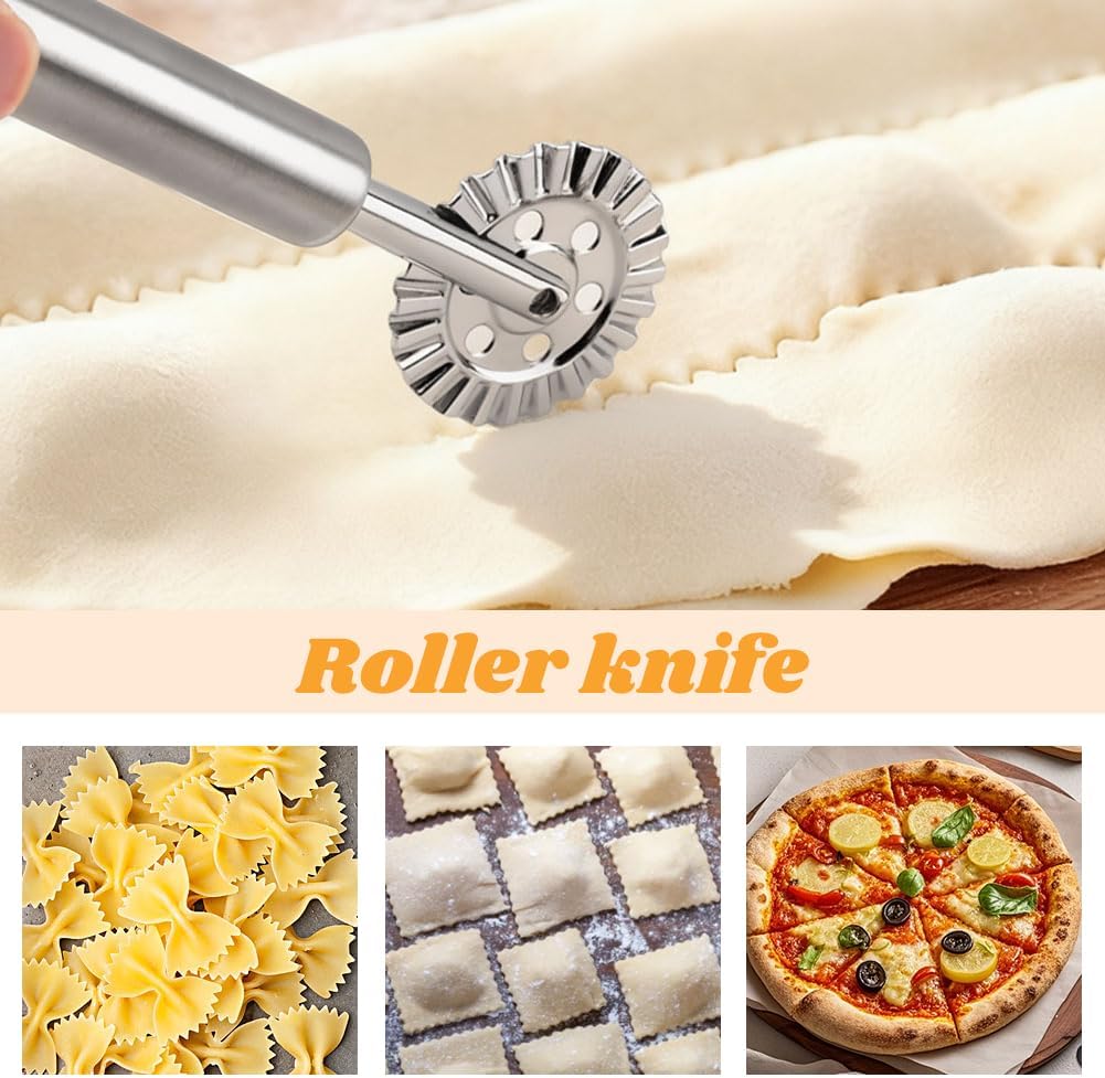 8PCS Ravioli Maker Press Set,Ravioli Stamp Maker Cutter with Wood Rolling Pin,Empanada Maker-Press,Ravioli Wheel and Stuffing Spoon,for Homemade Pasta,Dumpling,Pastry Kit(Pink)