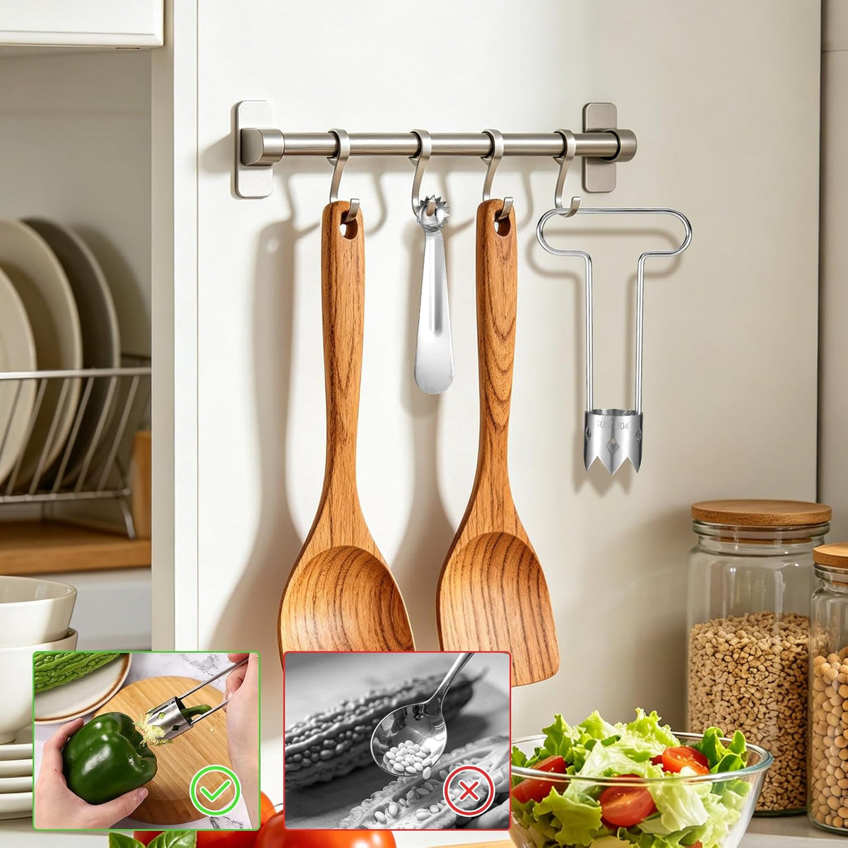 2pcs Red Bell Pepper Seed Corer Set, Stainless Steel T-Shape and Spoon-Shape Fruit Vegetable Stem Remover Practical Kitchen Gadget Tool for Pepper Pineapple Pear Apple Tomato Core Pit Remover