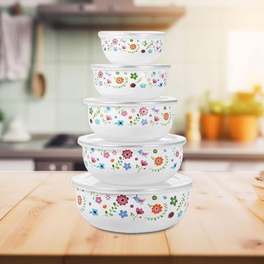 5 Pieces Mixing Bowl Set Food Prep Bowls Round Bowl Kitchen Enamel Covered Bowl with Airtight Lids for Cakes Biscuits Baking, Floral
