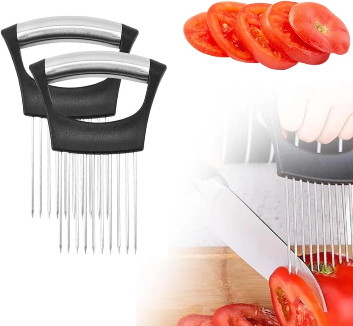 Onion Holder for Slicing, Stainless Steel Onion Slice Holder Lemon Slicer Cutter for Slicing, Multi-Use Vegetable Chopper for Onions Tomatoes Avocados Potato Meat Lemon, Food Slicing Assistant