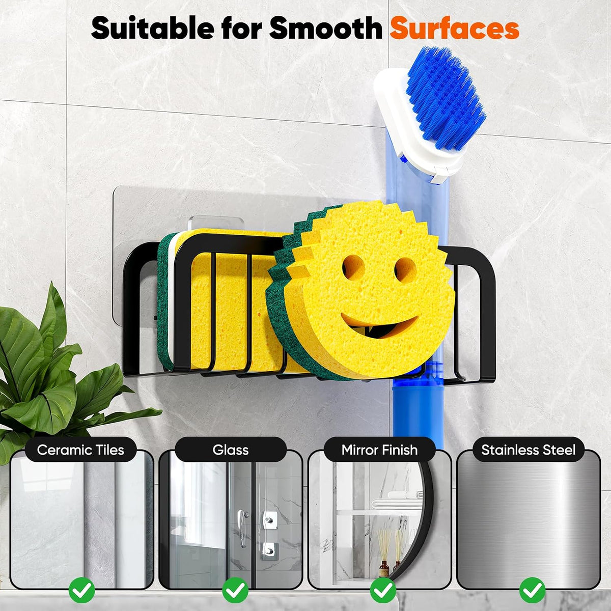 Sponge Holder for Kitchen Sink, Sink Caddy Organizer with Smiley Face, Dish Soap Holder Rack for Kitchen with Suction Cups/Adhesive Strips, Design for Sponge, Soap, Dish Brush, Scrubber, Stoppers
