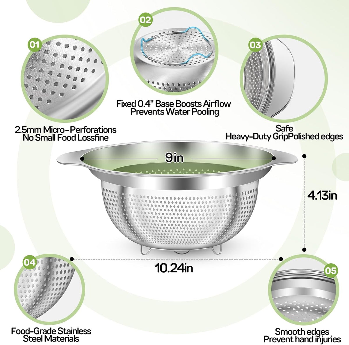 Stainless Steel Colander for Kitchen Pasta Rice Strainer for Spaghetti Fruit Cooking Food 3 Pcs Set Metal Mesh Strainers and Colanders(2QT, 3QT, 5QT),Dishwasher Safe,with Over-Sink Water Draining Base