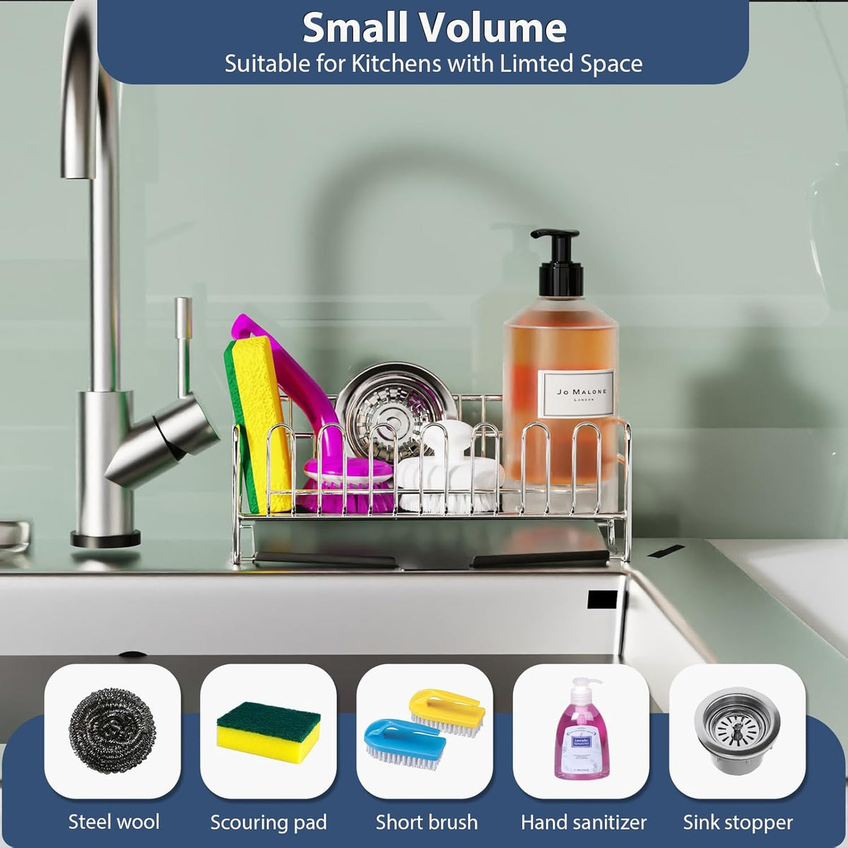 304 Stainless Steel Sponge Holder for Kitchen Sink(8.27x2.95x3.43) | Compact Sink Caddy with 4 Non-Slip Silicone Pads, Easy to Clean Rustproof 304 Steel, Kitchen Essentials, No-Tools Design