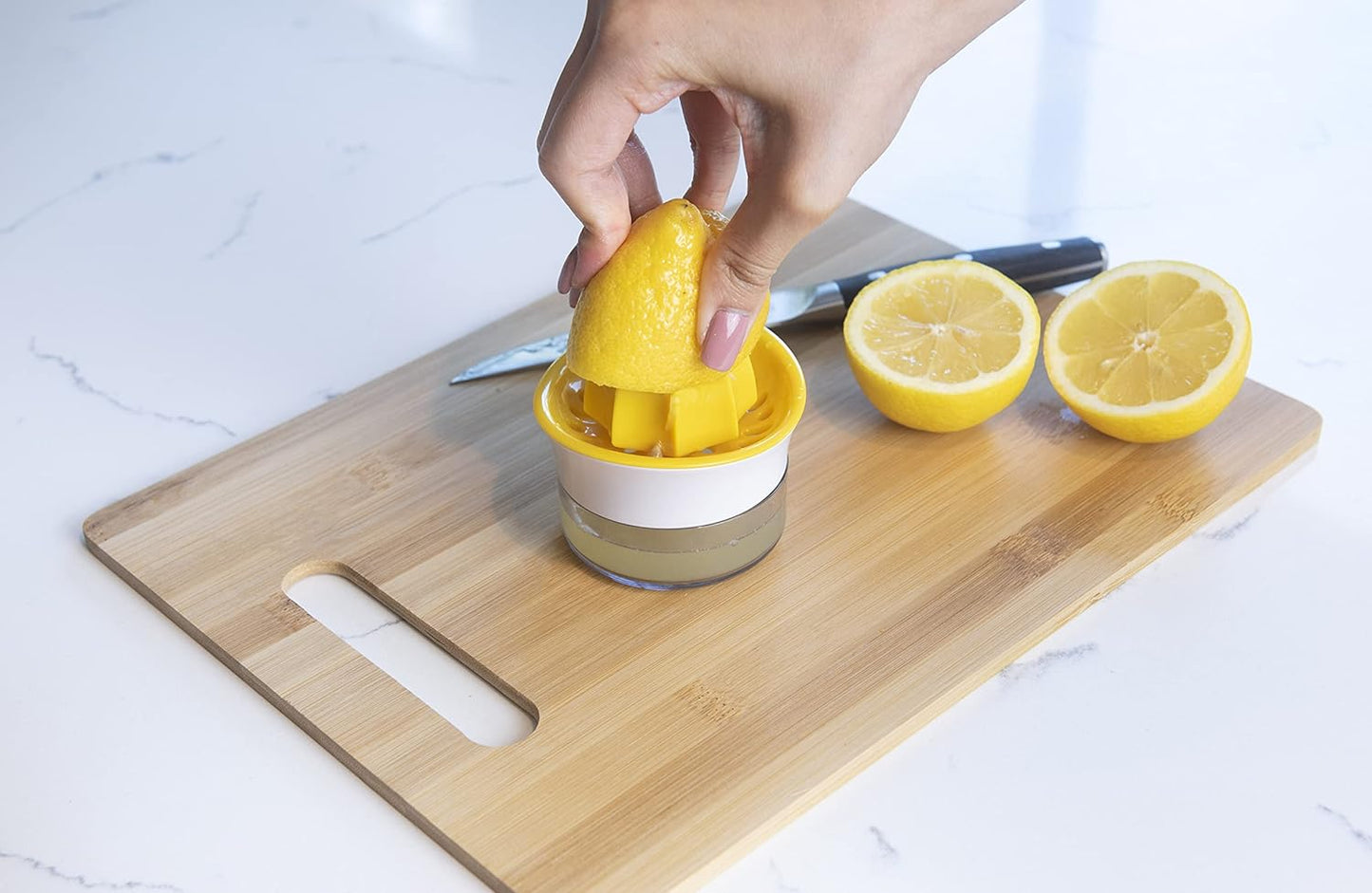 Joie Lemon and Lime Small Hand Juicer and Reamer, Built-In Measuring Cup | Easy Straining, Stores Leftover Juice Up To 1 Ounce, BPA-Free and Dishwasher Safe