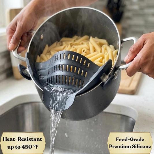 Clip On Strainer Silicone for Pots and Pans, Universal Fit Pasta Strainer and Pot Colander, Space Saving Food Drainer with Collapsible Funnel and Garlic Peeler, 3 Pcs Set, Black
