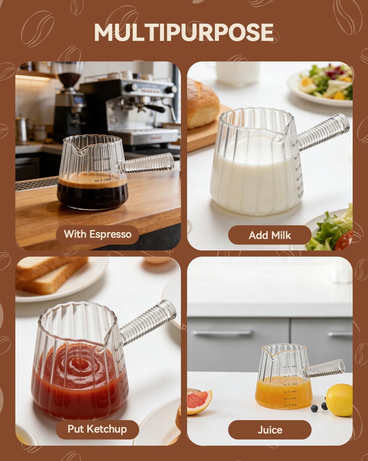 2 PCS Espresso Measuring Cup 6 Oz, Espresso Glass Cups with Wood Handle, Milk Frothing Cup, Espresso Cup for Coffee, Milk, Tea or Maple Syrup Serving