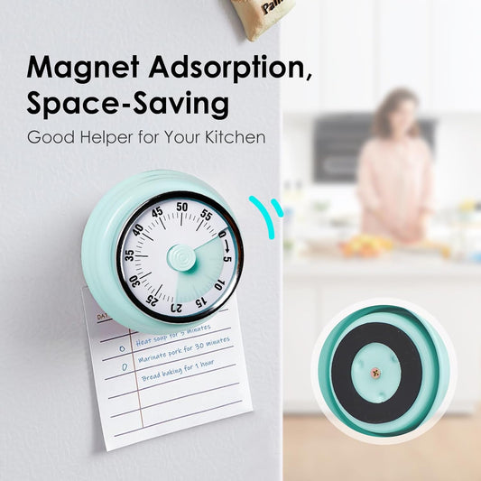 Visual Timer, Kitchen Timer with Magnetic Base (Mint Green) | 60-Minute Countdown Timer Mechanical Clockwork Ringer Alert, Time Management Tool for Children and Adults, Study/Work/Cooking